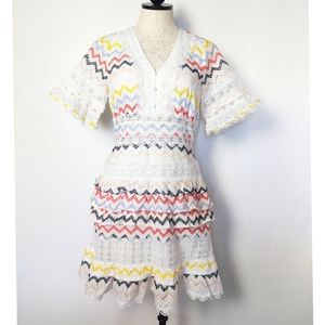 Allison New York White & Multi Ruffled Eyelet Mini Dress Zig Zag Size Small